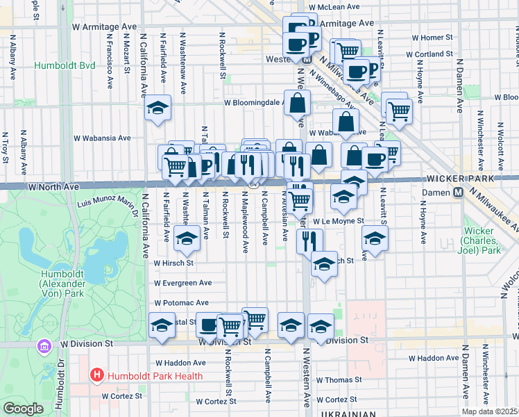 map of restaurants, bars, coffee shops, grocery stores, and more near in Chicago