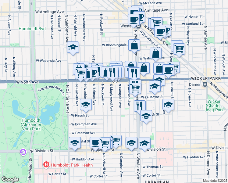 map of restaurants, bars, coffee shops, grocery stores, and more near in Chicago