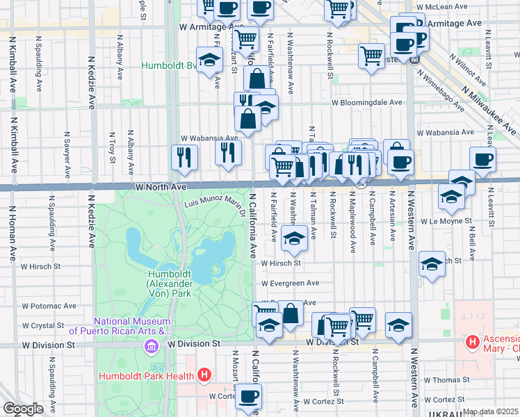 map of restaurants, bars, coffee shops, grocery stores, and more near 1502 North Fairfield Avenue in Chicago
