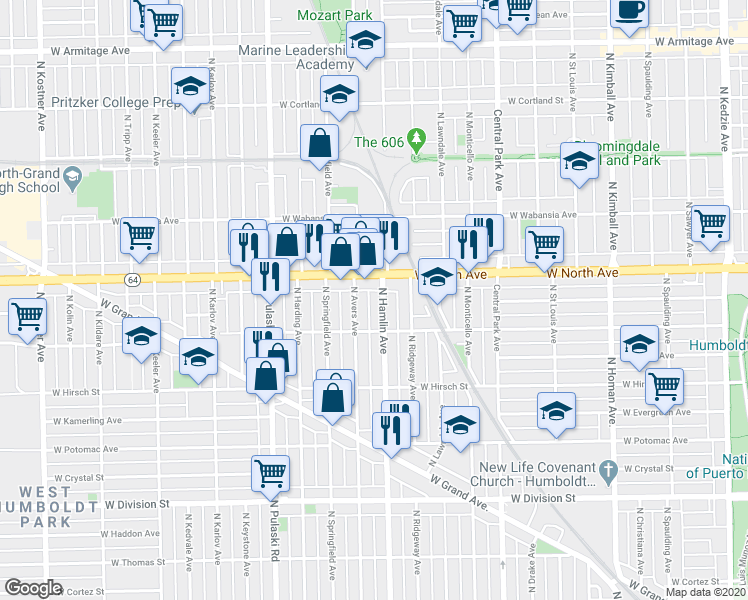 map of restaurants, bars, coffee shops, grocery stores, and more near 1509 North Hamlin Avenue in Chicago