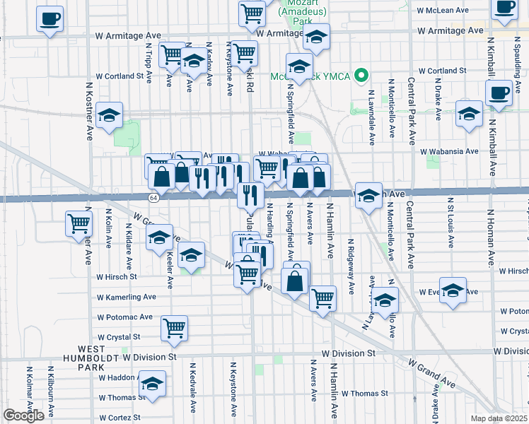 map of restaurants, bars, coffee shops, grocery stores, and more near 1513 North Pulaski Road in Chicago