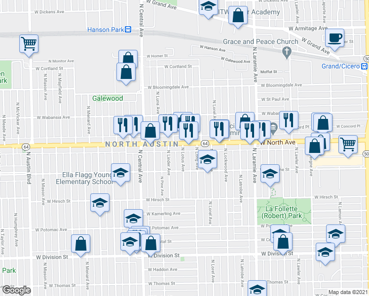map of restaurants, bars, coffee shops, grocery stores, and more near 1529 North Lotus Avenue in Chicago