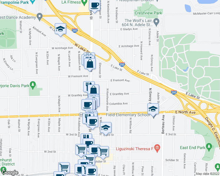 map of restaurants, bars, coffee shops, grocery stores, and more near 368 North Kenilworth Avenue in Elmhurst
