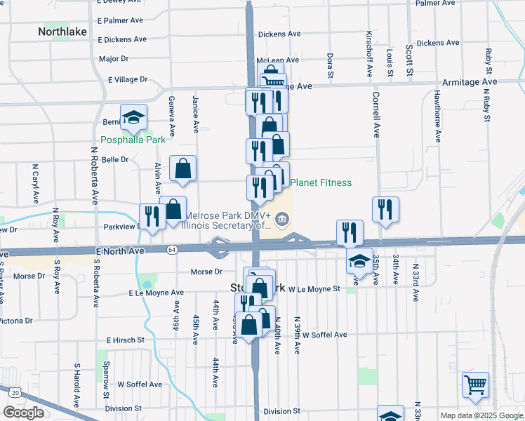 map of restaurants, bars, coffee shops, grocery stores, and more near 1931 North Mannheim Road in Melrose Park