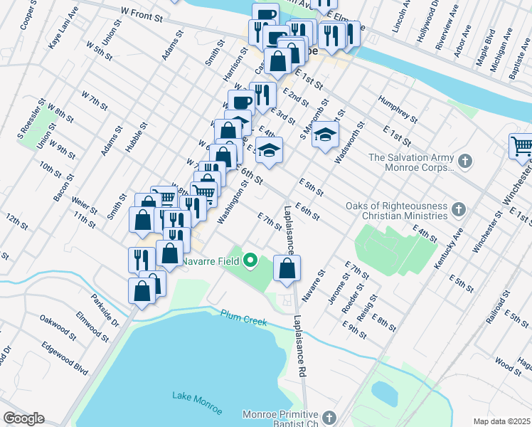 map of restaurants, bars, coffee shops, grocery stores, and more near 719 Custer Street in Monroe