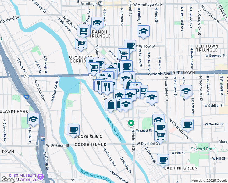 map of restaurants, bars, coffee shops, grocery stores, and more near 1476 North Fremont Street in Chicago