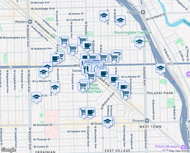 map of restaurants, bars, coffee shops, grocery stores, and more near 1532 North Milwaukee Avenue in Chicago