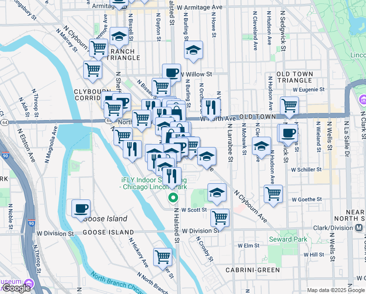 map of restaurants, bars, coffee shops, grocery stores, and more near 1538 North Clybourn Avenue in Chicago