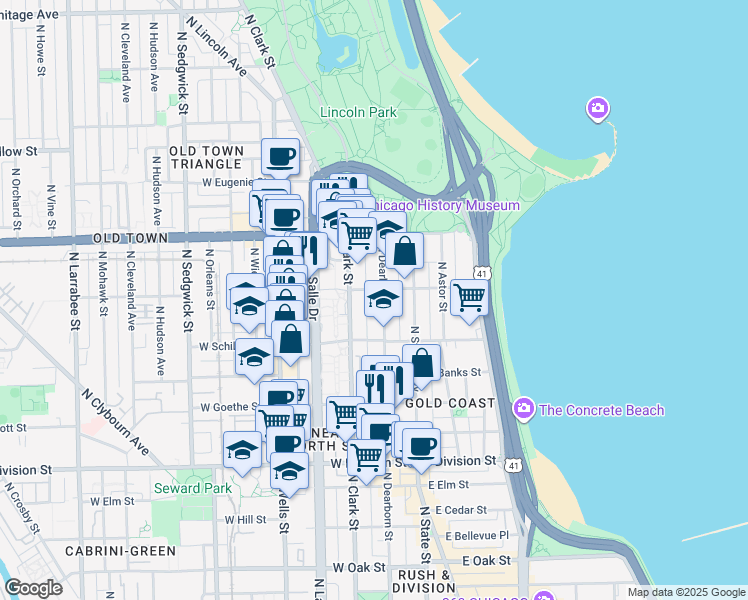 map of restaurants, bars, coffee shops, grocery stores, and more near 1425 North Dearborn Parkway in Chicago
