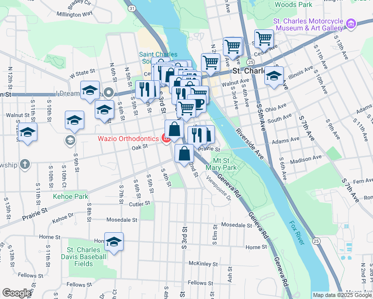map of restaurants, bars, coffee shops, grocery stores, and more near 609 South 2nd Street in St. Charles