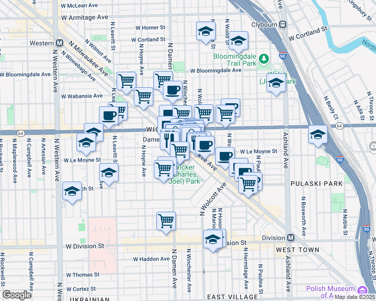 map of restaurants, bars, coffee shops, grocery stores, and more near 1507 North Wicker Park Avenue in Chicago