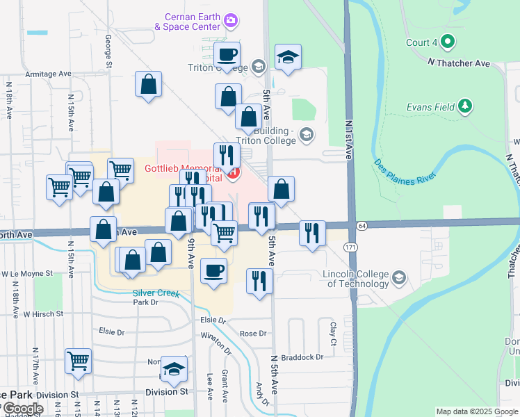 map of restaurants, bars, coffee shops, grocery stores, and more near 501 West North Avenue in Melrose Park