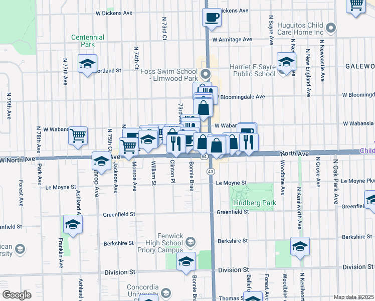 map of restaurants, bars, coffee shops, grocery stores, and more near 7227 West North Avenue in River Forest
