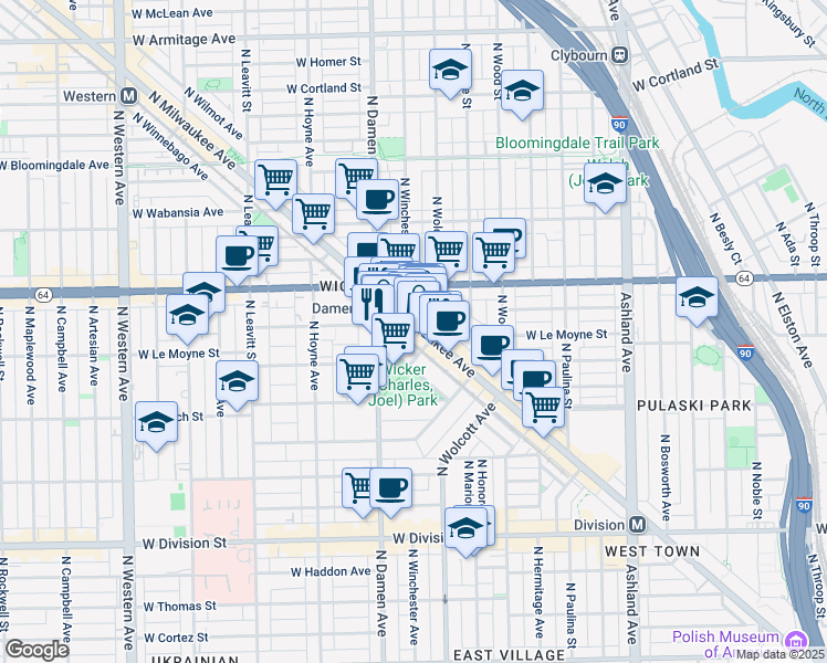 map of restaurants, bars, coffee shops, grocery stores, and more near 1532 North Milwaukee Avenue in Chicago