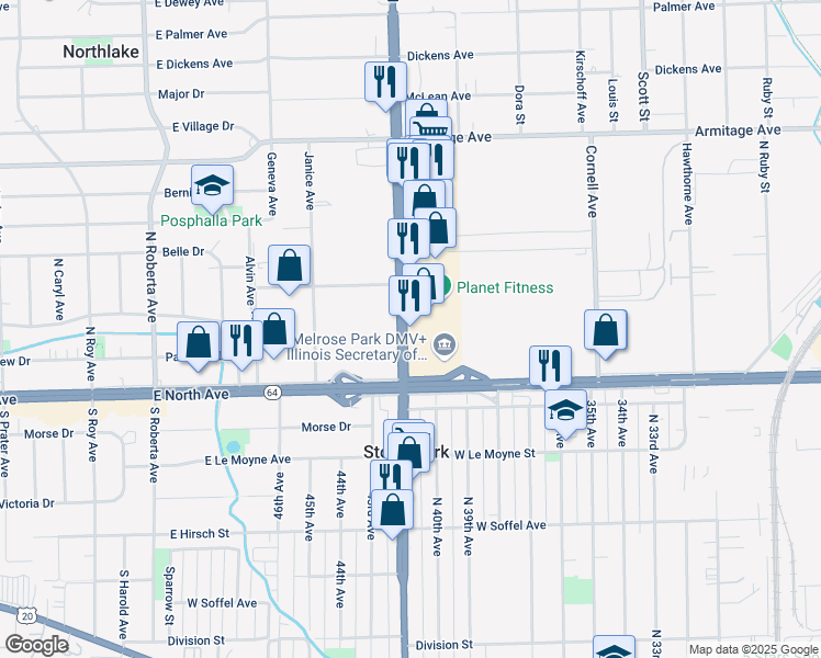 map of restaurants, bars, coffee shops, grocery stores, and more near 1931 North Mannheim Road in Melrose Park