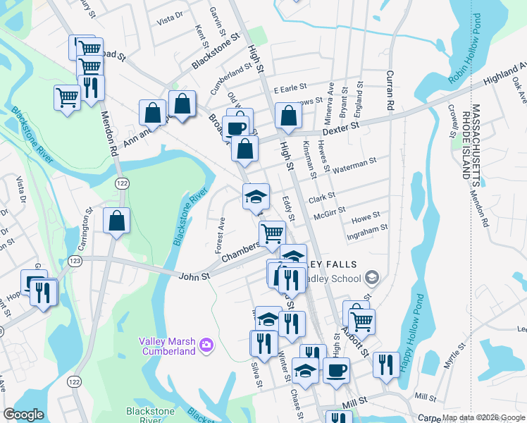 map of restaurants, bars, coffee shops, grocery stores, and more near 367 Broad Street in Cumberland