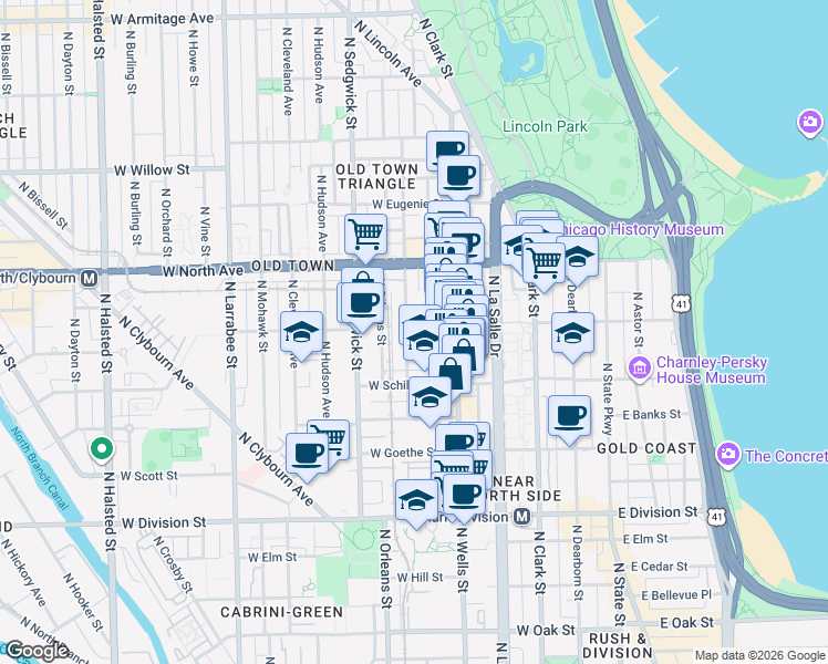 map of restaurants, bars, coffee shops, grocery stores, and more near 1451 North North Park Avenue in Chicago