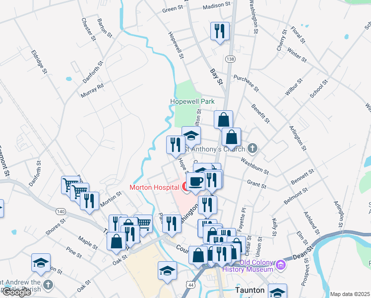 map of restaurants, bars, coffee shops, grocery stores, and more near 2 Hamilton Street in Taunton