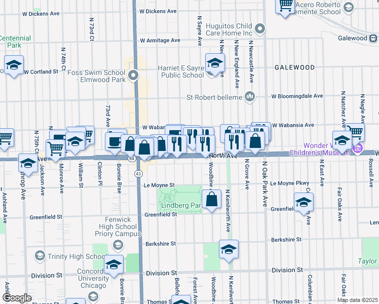 map of restaurants, bars, coffee shops, grocery stores, and more near in Oak Park