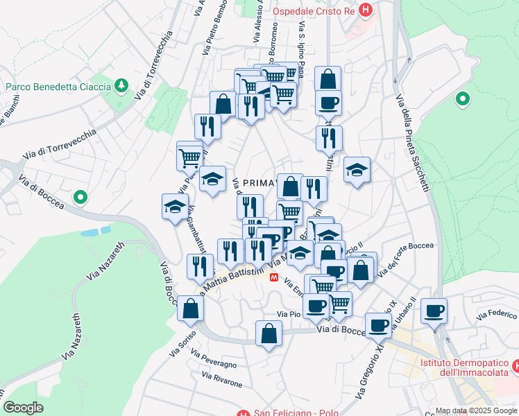 map of restaurants, bars, coffee shops, grocery stores, and more near Via Fausta Labia in Rome