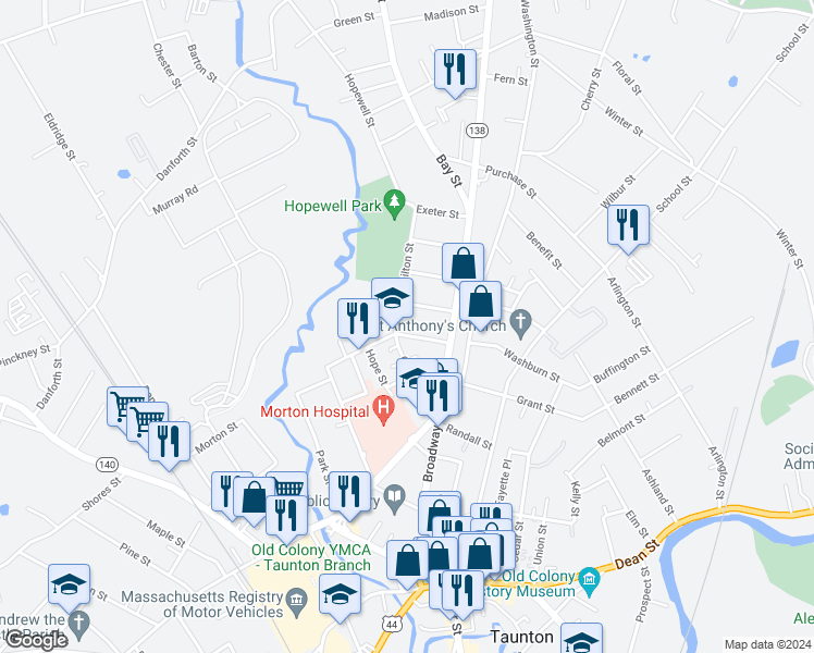 map of restaurants, bars, coffee shops, grocery stores, and more near 6 Church Avenue in Taunton