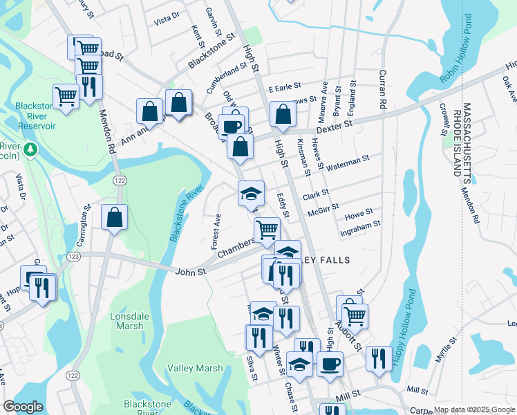 map of restaurants, bars, coffee shops, grocery stores, and more near 351 Broad Street in Cumberland
