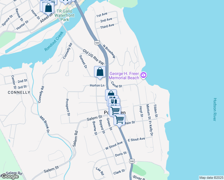 map of restaurants, bars, coffee shops, grocery stores, and more near 151 Broadway Street in Port Ewen
