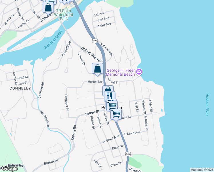 map of restaurants, bars, coffee shops, grocery stores, and more near 151 Broadway Street in Port Ewen