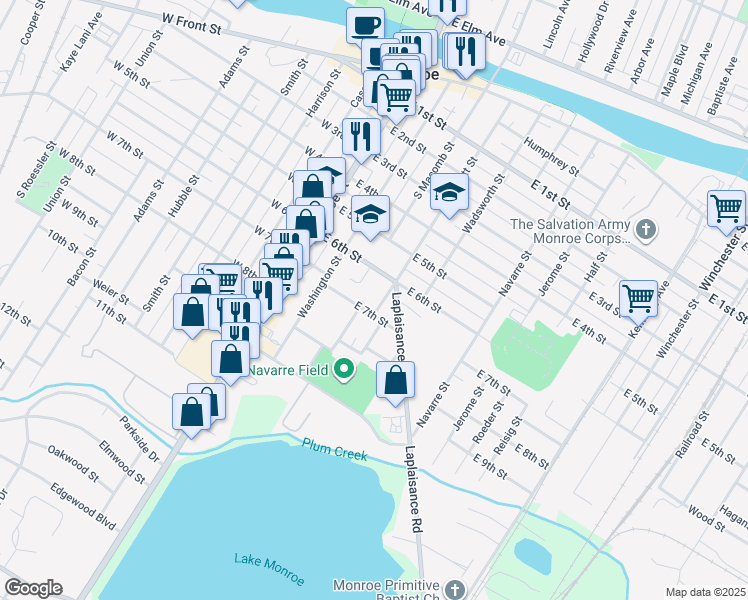 map of restaurants, bars, coffee shops, grocery stores, and more near 719 Custer Street in Monroe