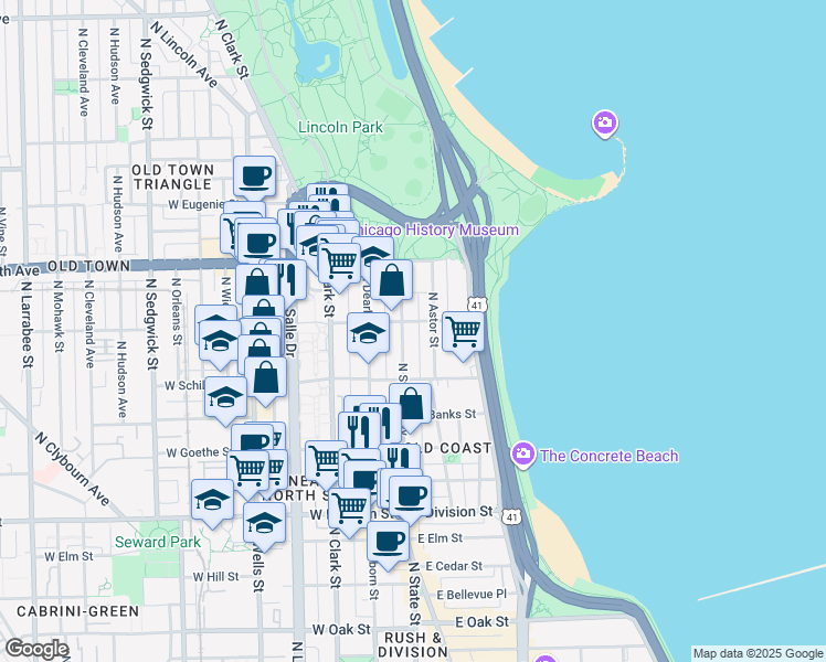 map of restaurants, bars, coffee shops, grocery stores, and more near 1425 North State Parkway in Chicago