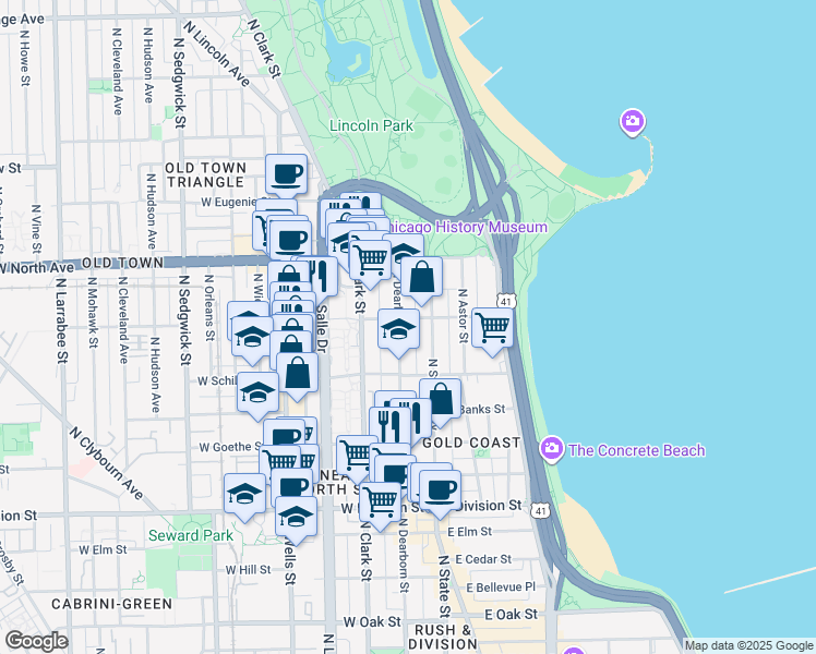map of restaurants, bars, coffee shops, grocery stores, and more near 1425 North Dearborn Parkway in Chicago