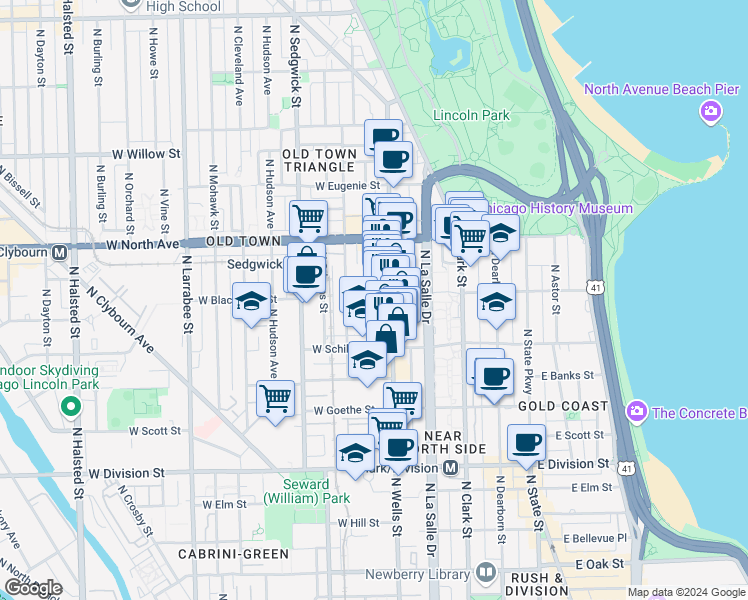 map of restaurants, bars, coffee shops, grocery stores, and more near 1430 North Wieland Street in Chicago