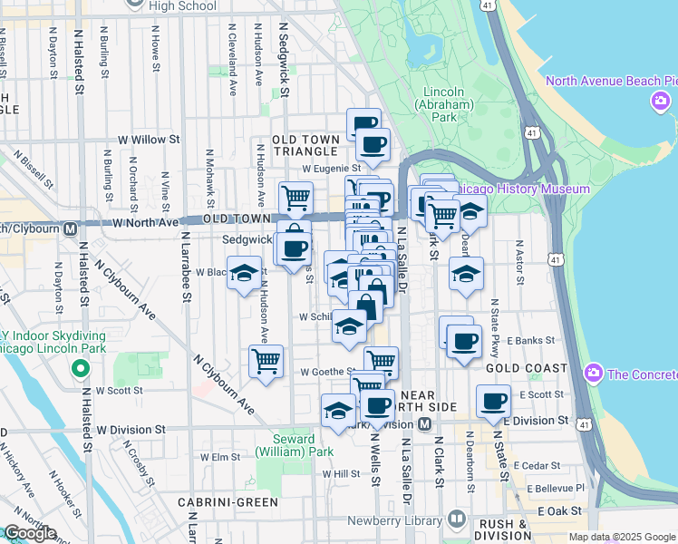 map of restaurants, bars, coffee shops, grocery stores, and more near 1430 North Wieland Street in Chicago