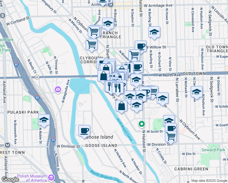 map of restaurants, bars, coffee shops, grocery stores, and more near 1550 North Kingsbury Street in Chicago