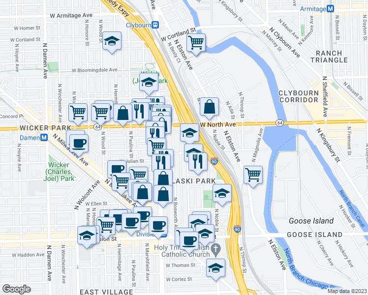 map of restaurants, bars, coffee shops, grocery stores, and more near 1451 North Bosworth Avenue in Chicago