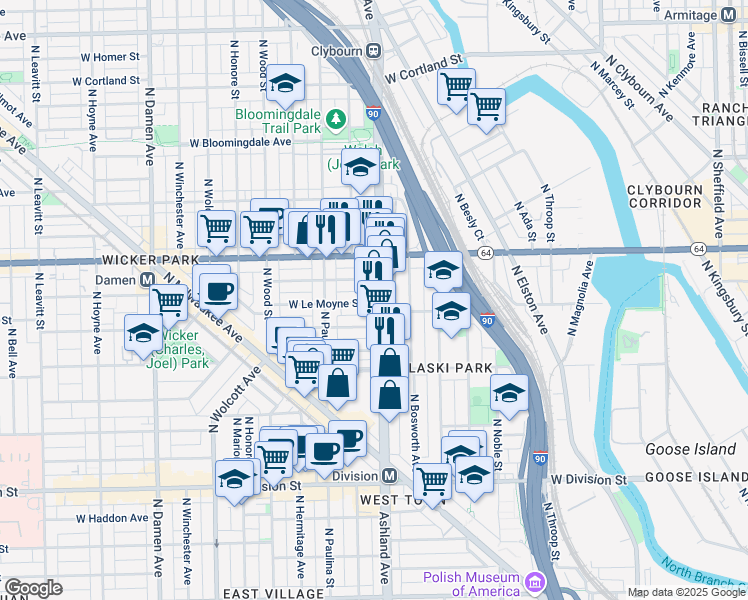map of restaurants, bars, coffee shops, grocery stores, and more near in Chicago