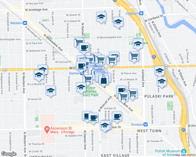 map of restaurants, bars, coffee shops, grocery stores, and more near 1474 North Milwaukee Avenue in Chicago