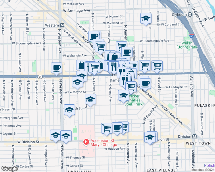 map of restaurants, bars, coffee shops, grocery stores, and more near 2128 West Le Moyne Street in Chicago