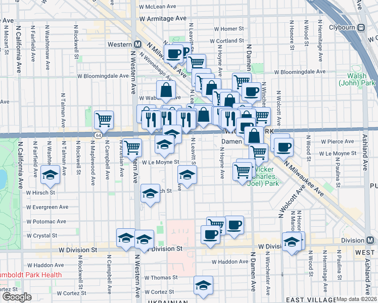map of restaurants, bars, coffee shops, grocery stores, and more near in Chicago