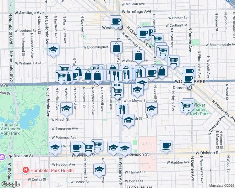 map of restaurants, bars, coffee shops, grocery stores, and more near 1510 North Claremont Avenue in Chicago