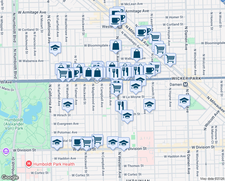 map of restaurants, bars, coffee shops, grocery stores, and more near 1500 North Artesian Avenue in Chicago