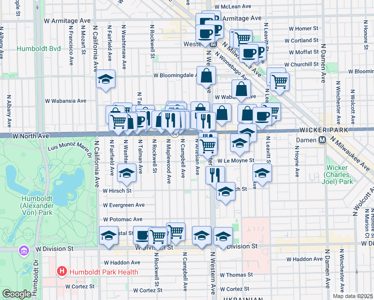 map of restaurants, bars, coffee shops, grocery stores, and more near 2511 West Le Moyne Street in Chicago