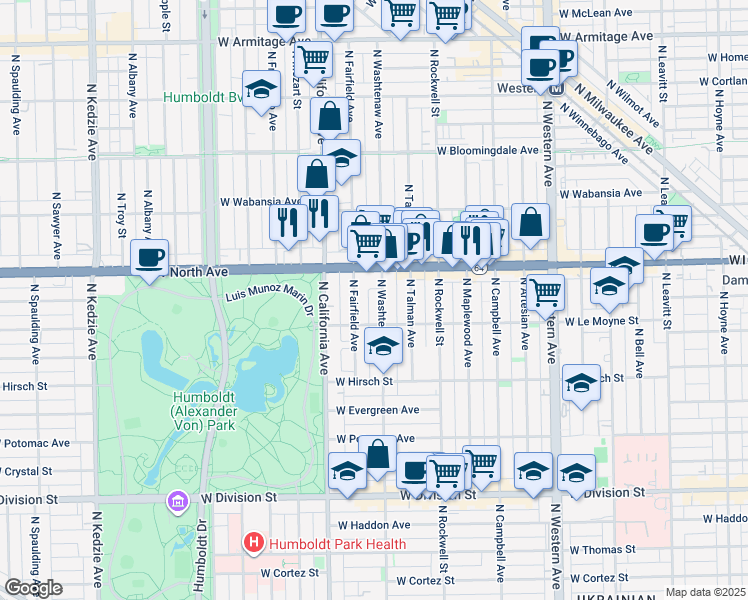 map of restaurants, bars, coffee shops, grocery stores, and more near 2654 West Le Moyne Street in Chicago