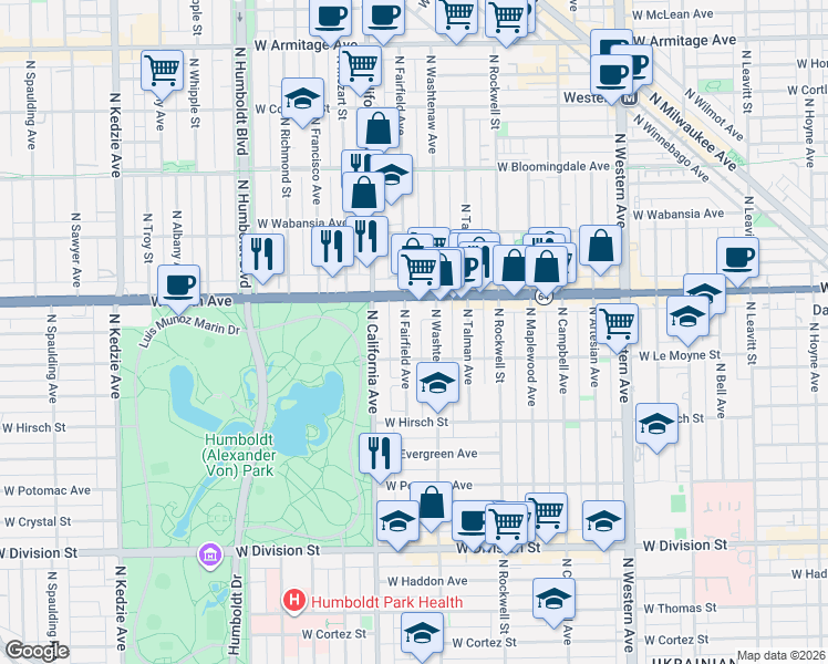 map of restaurants, bars, coffee shops, grocery stores, and more near 1502 North Fairfield Avenue in Chicago