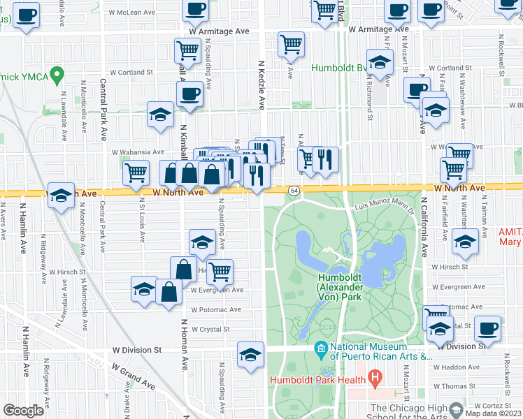 map of restaurants, bars, coffee shops, grocery stores, and more near in Chicago