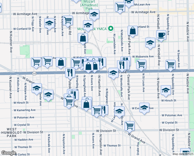 map of restaurants, bars, coffee shops, grocery stores, and more near 1509 North Hamlin Avenue in Chicago