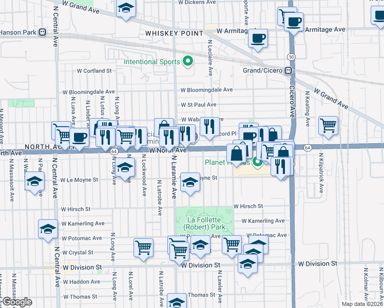 map of restaurants, bars, coffee shops, grocery stores, and more near 1525 North Leamington Avenue in Chicago