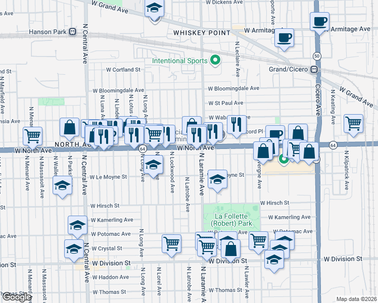 map of restaurants, bars, coffee shops, grocery stores, and more near 1526 North Latrobe Avenue in Chicago