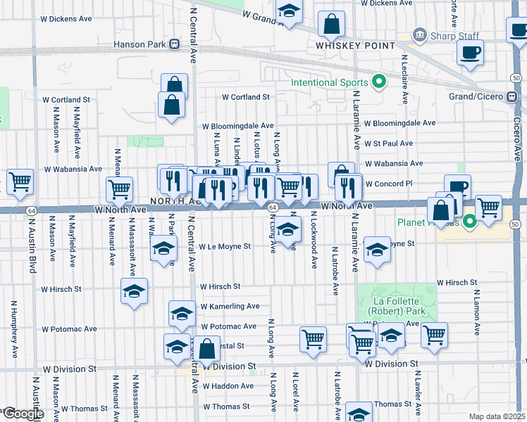 map of restaurants, bars, coffee shops, grocery stores, and more near 5419 West North Avenue in Chicago
