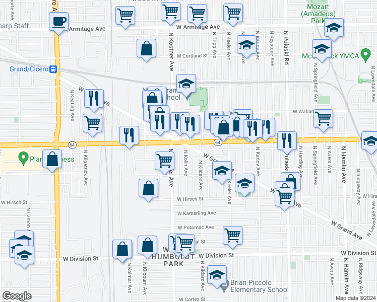 map of restaurants, bars, coffee shops, grocery stores, and more near 1549 North Kolin Avenue in Chicago